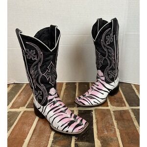 Nocona Boots Womens 6.5 Black Zebra / Stingray Print Leather Cowboy Square Toe